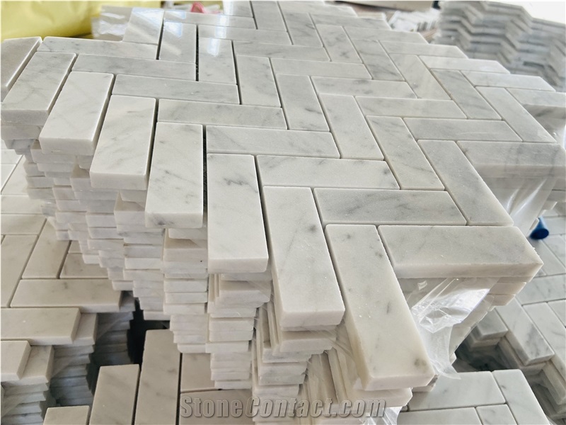 Carrara White Marble  Brass Herringbone Mosaic Tiles