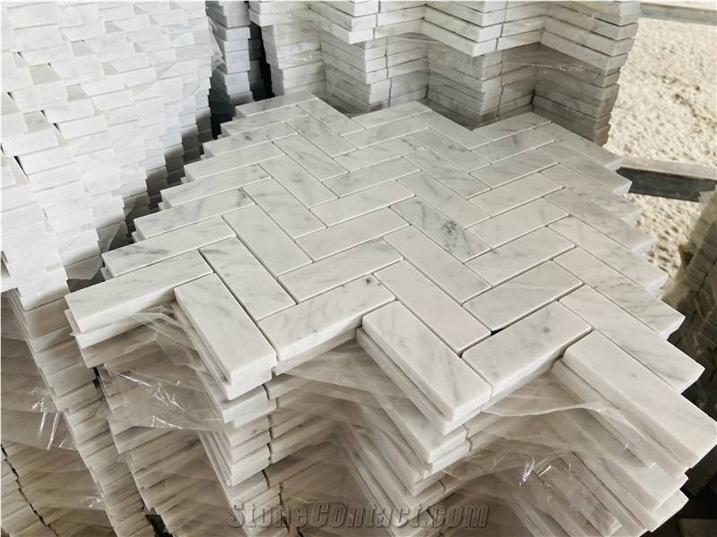 Carrara White Marble  Brass Herringbone Mosaic Tiles