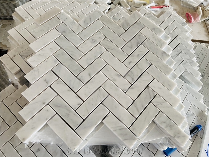 Carrara White Marble  Brass Herringbone Mosaic Tiles