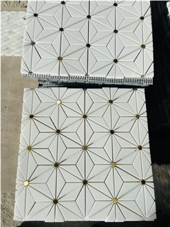 Crystal White Marble Mixed Brass Waterjet Mosaic Tiles