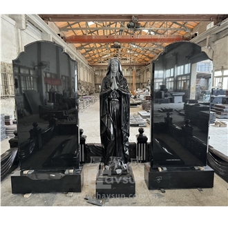 Black Granite Tombstone With Graveyard And Mary Statue