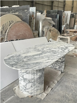 HRST Cutsom Oval Modern White Arabescato Marble Dining Table