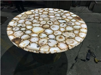 Elegent White Gray Agate Semiprecious Stone Coffee Table Tops