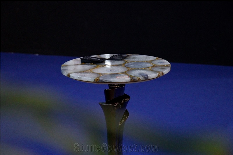 Elegent White Gray Agate Semiprecious Stone Coffee Table Tops