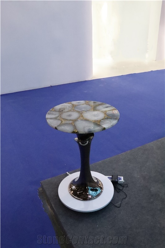 Elegent White Gray Agate Semiprecious Stone Coffee Table Tops