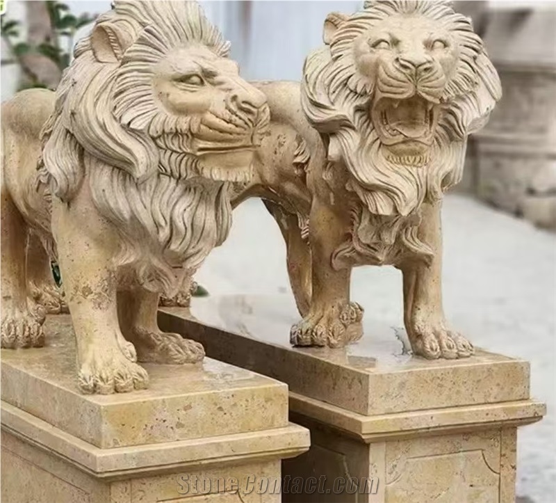 Custom Made Limestone Animal Lions Sculptures For Garden