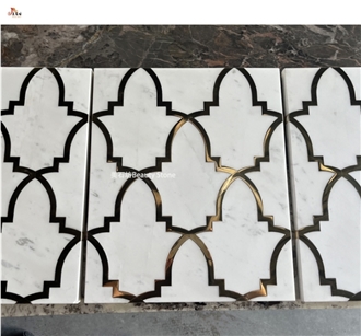 Ariston White Marble Inlay Brass Waterjet Medallions Pattern Wall Tile