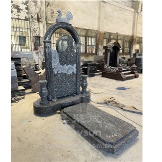 Blue Pearl Granite Arch Tombstone With Dove And Rose