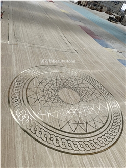 Brass Travertine Inlay Waterjey Medallion Polished
