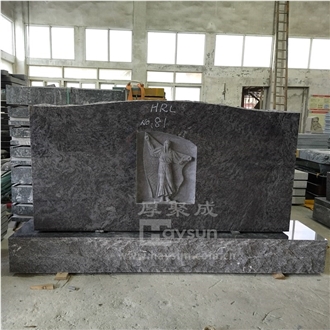 Vizag Blue Granite Upright Headstone With Carved Mary