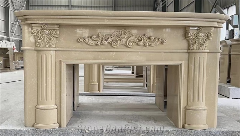 Beige Marble Custom Indoor Fireplace