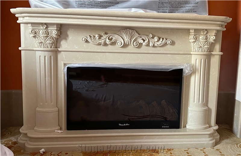 Beige Marble Custom Indoor Fireplace