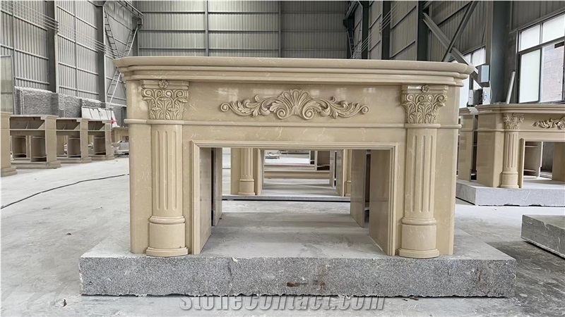 Beige Marble Custom Indoor Fireplace