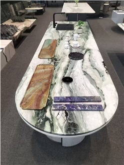 Semi Round Irish Green Marble Tea Table For Restaurant