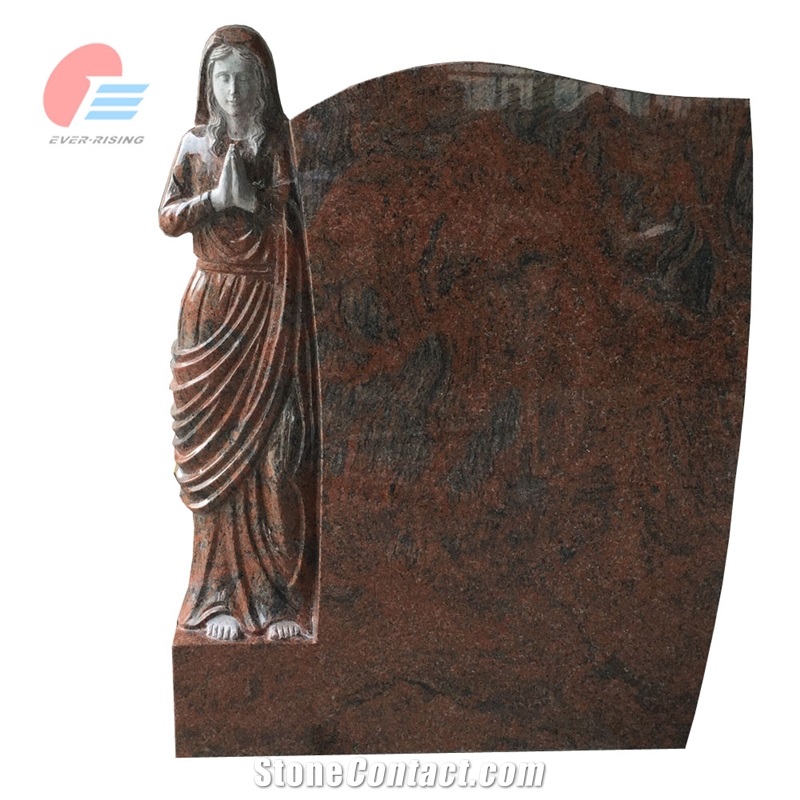 Multicolor Red Granite Tombstone With Polished Madonna Carving