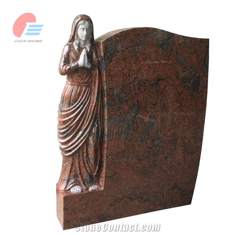 Multicolor Red Granite Tombstone With Polished Madonna Carving