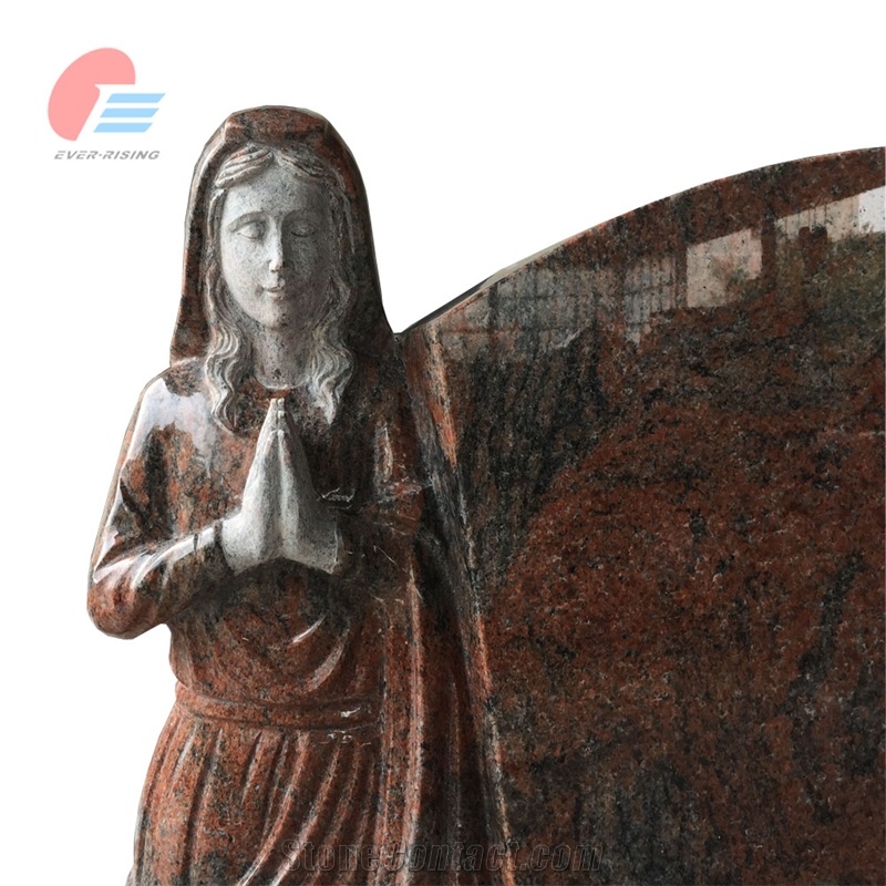 Multicolor Red Granite Tombstone With Polished Madonna Carving
