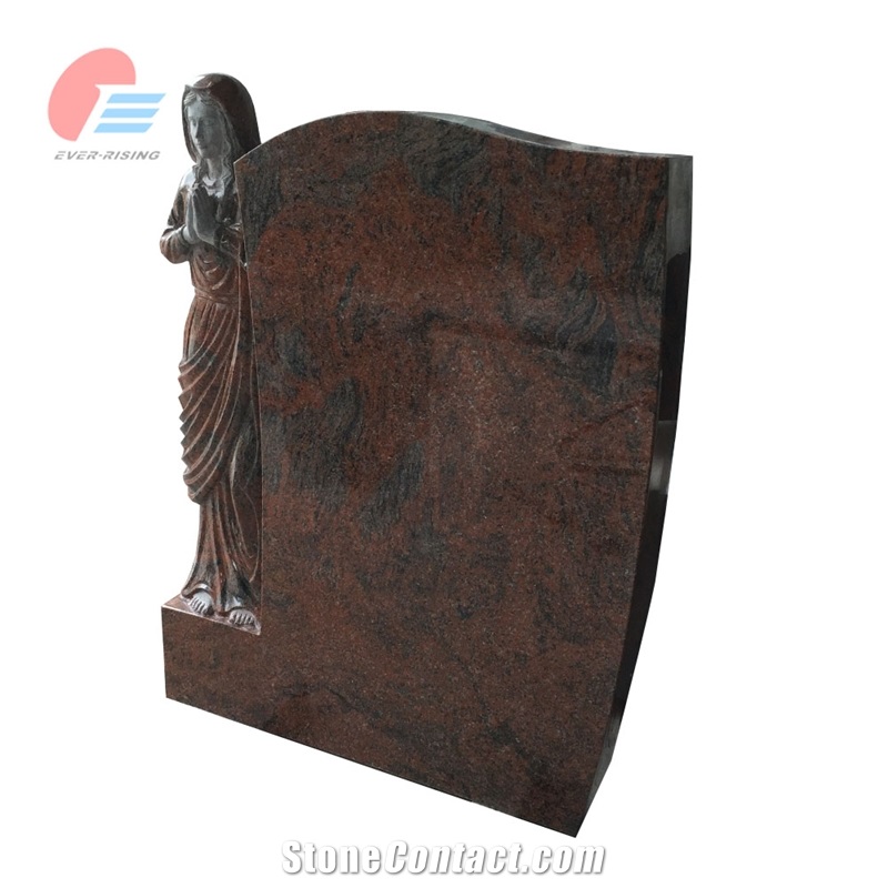 Multicolor Red Granite Tombstone With Polished Madonna Carving