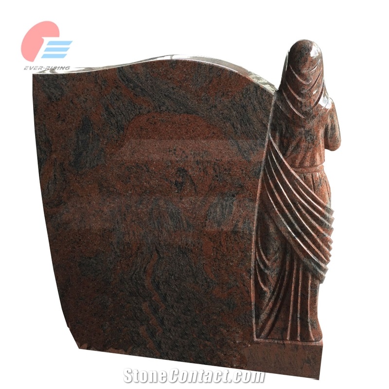 Multicolor Red Granite Tombstone With Polished Madonna Carving