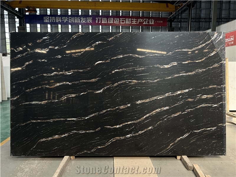 5126 Titanium Satin Black Quartz Slabs With White Veins