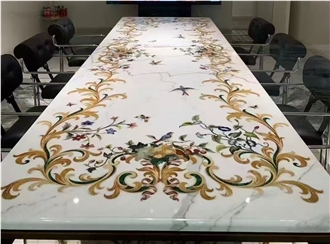 Calacatta Marble Waterjet Medallion Inlay Table Top For Office Desk
