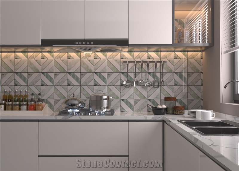 Modern Square Design Green Mosaic Tiles With White Marble