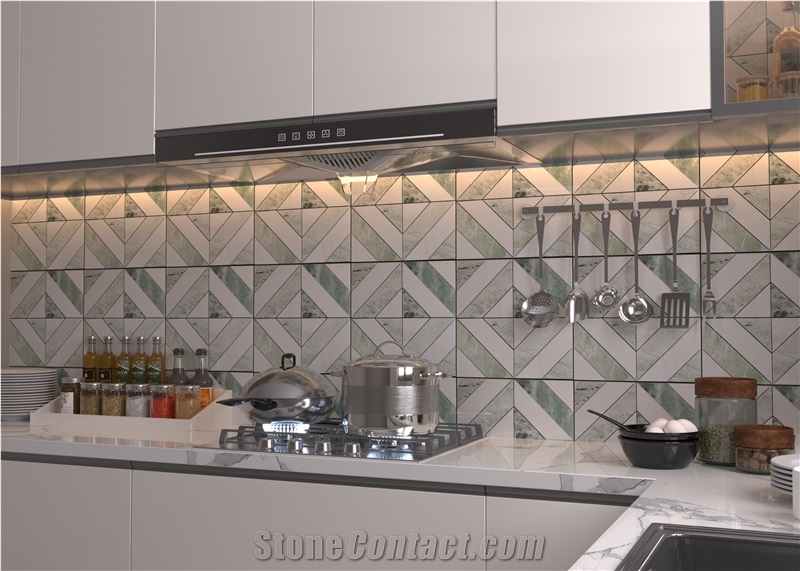 Modern Square Design Green Mosaic Tiles With White Marble