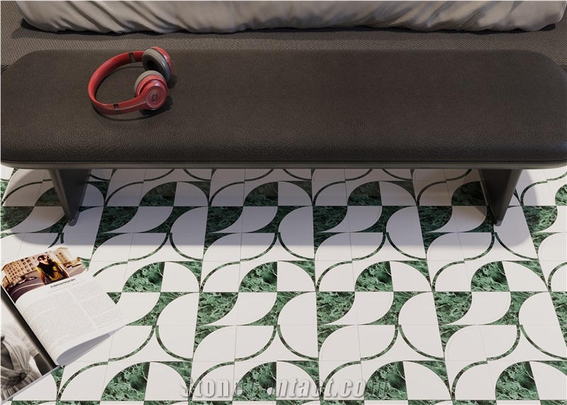 White Marble Inlaid With Green Water Jet Mosaic Tiles