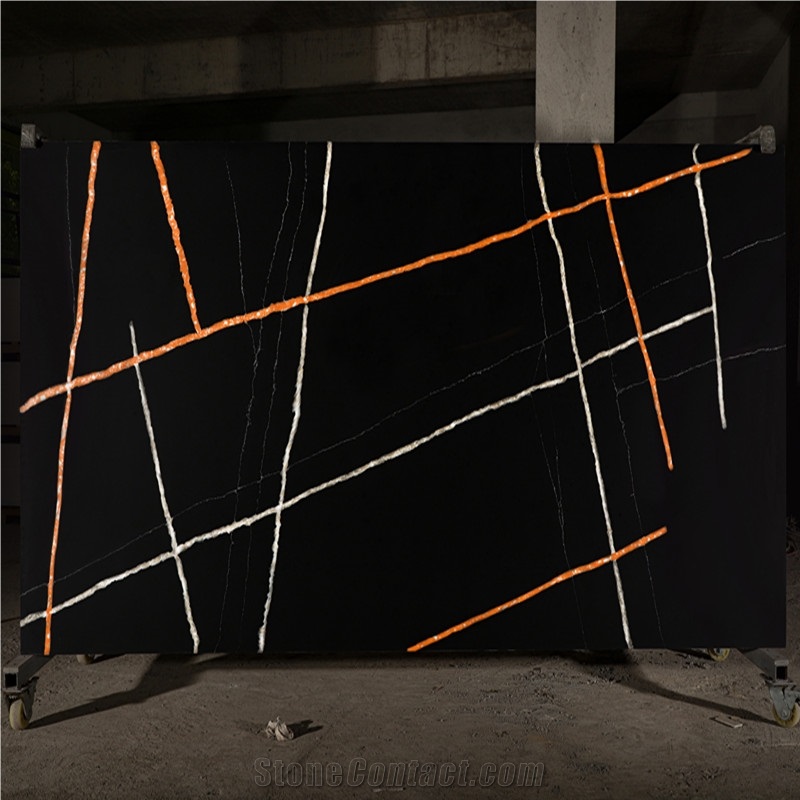 China  Artificial Lauren Black Gold Quartz Slabs