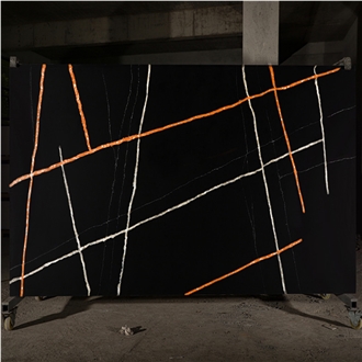China Artificial Lauren Black Gold Quartz Slabs