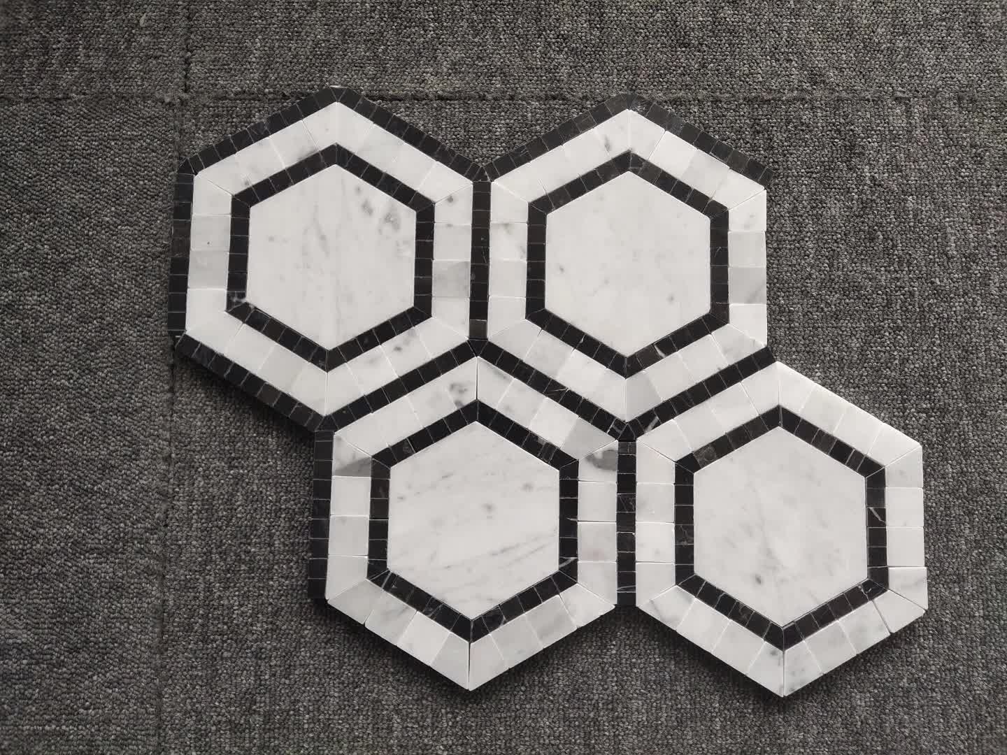 Hexagon  Backsplash Marble Mosaic Tiles With Nero Strips