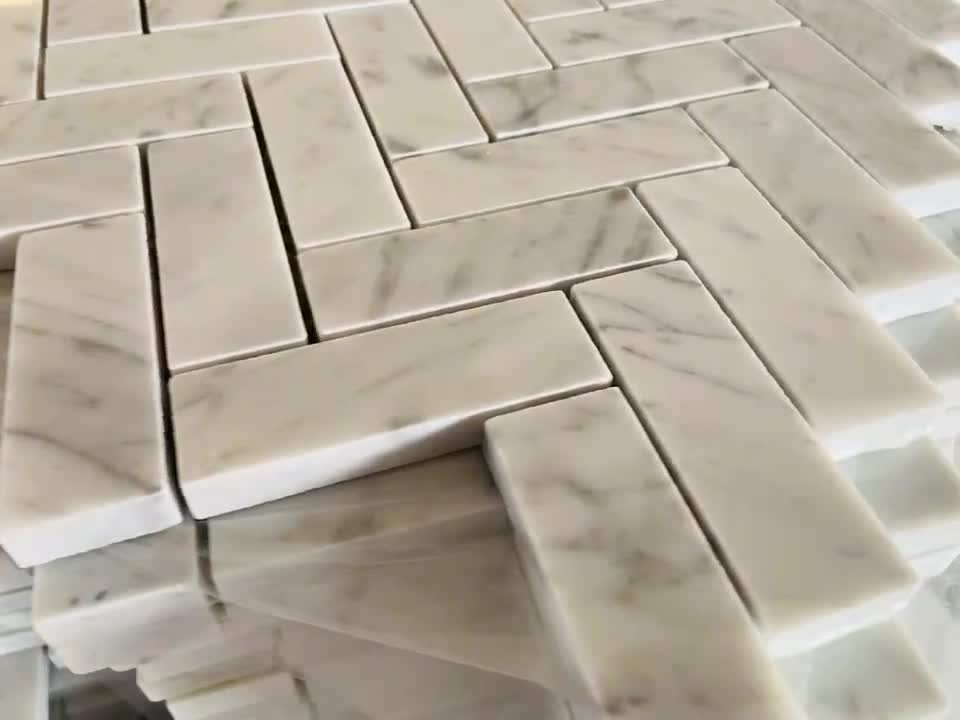 Carrara White Marble  Brass Herringbone Mosaic Tiles