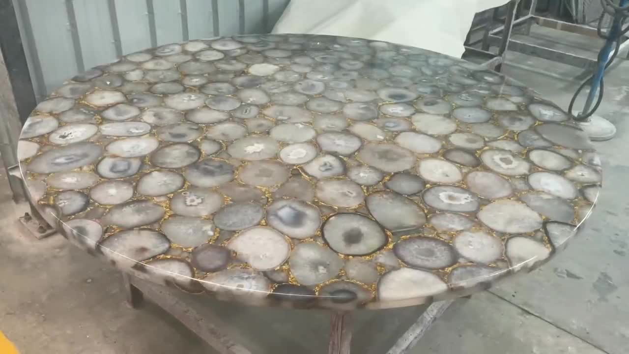 Elegent White Gray Agate Semiprecious Stone Coffee Table Tops