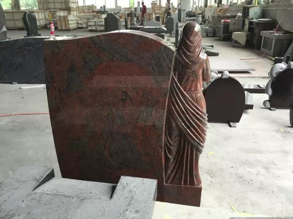 Multicolor Red Granite Tombstone With Polished Madonna Carving