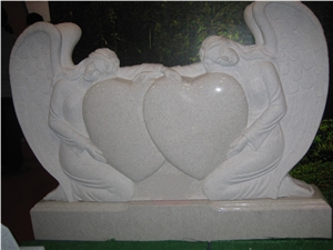 White Granite Heart Tombstone Double Angel Monument