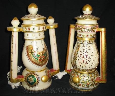 Artistic Marble Lamp with Kundan Work, White Marble Home Decor