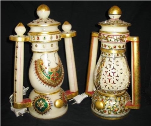 Artistic Marble Lamp with Kundan Work, White Marble Home Decor