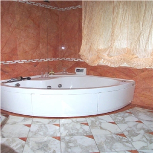 Bathroom in Marble Rosso Alambra and Calacatta Ven, Red Marble Bath Design