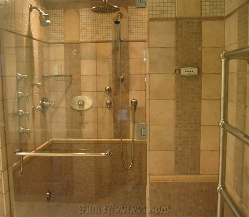 Shower in Noce Travertine Insert Mosaic