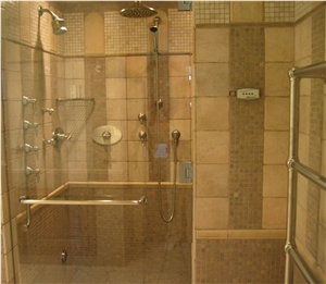 Shower in Noce Travertine Insert Mosaic