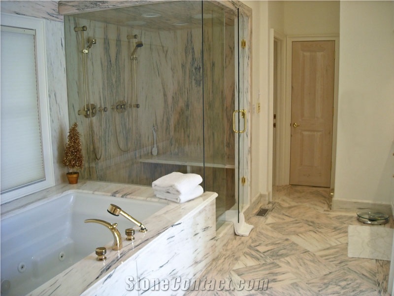 White Marble Bathroom, Arabescato Corchia White Marble Bath Design