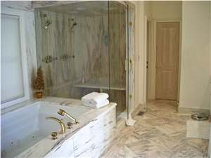White Marble Bathroom, Arabescato Corchia White Marble Bath Design