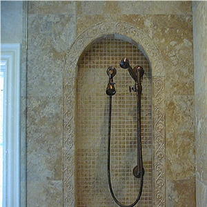 Bath Design - Travertine Shower Niche, Mesquite Taupe Beige Travertine
