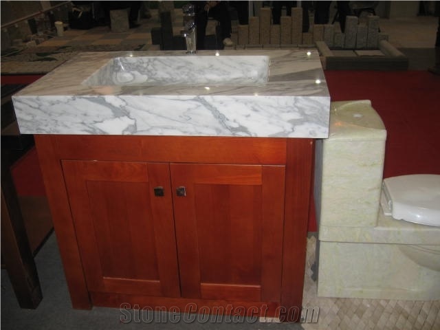 Arabescato Wormal Sink with Wooden Furniture, Arabescato Faniello White Marble Sink