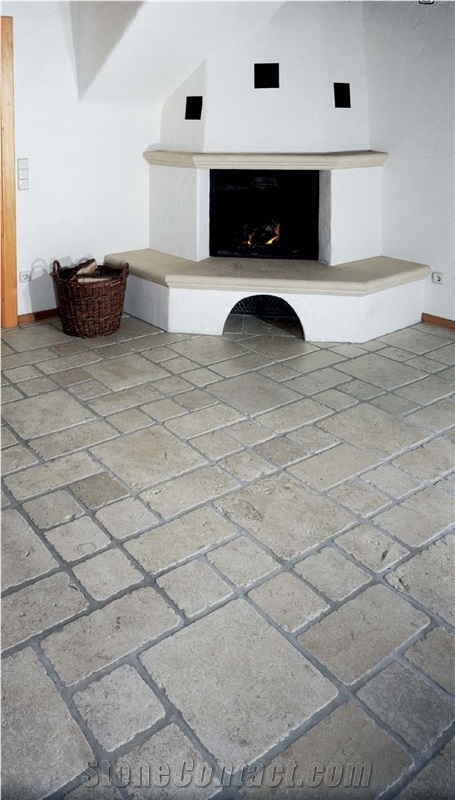 Mocca Antique Limestone Flooring, Fireplace