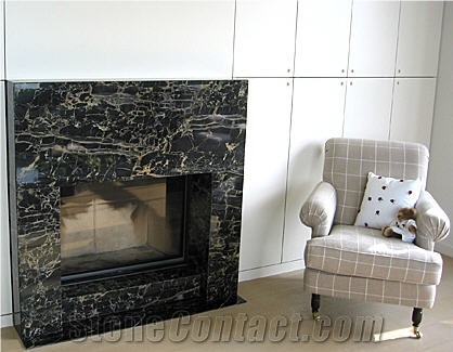 Nero Portoro Marble Fireplace, Black Marble