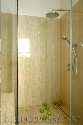 Ivory Classic Vein Cut Shower, Beige Travertine Bath Design