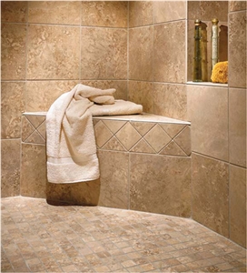 Shower Design - Tumbled Noce Travertine, Brown Travertine Bath Design