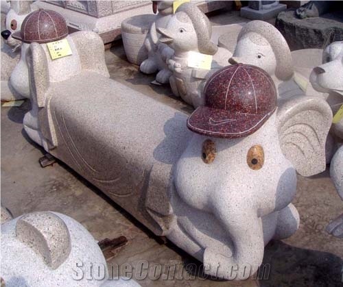 Yellow Granite Elefant Animal Carving Garden Bench