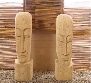 Beige Limestone Kepala Head Statues